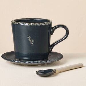 New Hearth & Hand Teacup & Saucer Set with Spoon Color Indigo